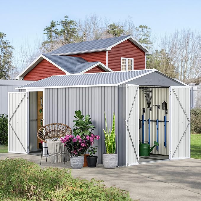 8x12 FT Large Metal Outdoor Storage Shed with Reversible Door Installation, Outdoor Shed w/Aluminium Floor Fram and Lockable Door, Garden Tool Storage Cabinet for Backyard Patio Lawn, Gray