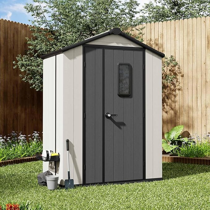 5' x 3' Outdoor Resin Storage Shed with Floor,Galvanized Metal Waterproof Garden Shed with Lockable Door, Plastic Tool, Bike Storage for Patio Furniture, Lawn Mower