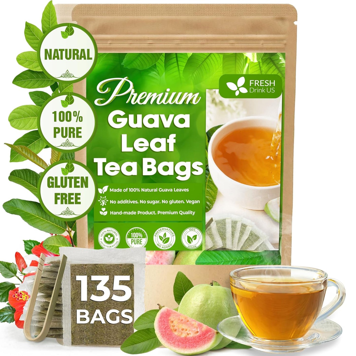 FreshDrinkUS, Premium 135 Guava Leaf Tea Bags, Handmade, From Great Origin, 100% Natural and Pure. Guava Tea, Loose Leaf Herbal Tea. No Sugar/Caffeine/Gluten, Vegan.