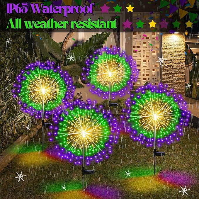4 Pack Solar Firework Lights Decorations Garden Pathway Solar Power Light Stake Waterproof Landscape Lamp with 180 LED 8 Modes for Christmas 4th of July Party Decoration(Green, Yellow, Purple)