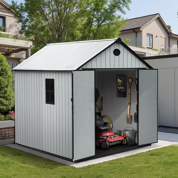 Resin Shed, Outdoor Shed with Floor, Outside Storage Sheds with Lockable Door, Window, Vents for Backyard, Garden, Lawn (7FT x 9FT)