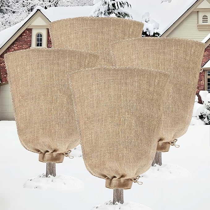 Riare 4 Packs 40 × 47 Inch Burlap Winter Plant Cover Bags with Drawstring- Reusable Large Burlap Sack Plant Frost Protector, Plant Frost Cloth Cold Tree Freeze Blanket for Outdoor Plants Fruit Shrubs
