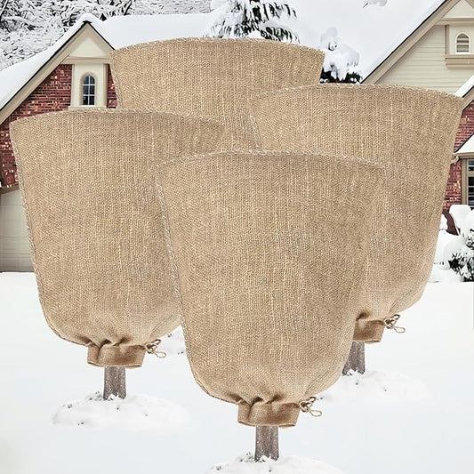Riare 4 Packs 40 × 47 Inch Burlap Winter Plant Cover Bags with Drawstring- Reusable Large Burlap Sack Plant Frost Protector, Plant Frost Cloth Cold Tree Freeze Blanket for Outdoor Plants Fruit Shrubs