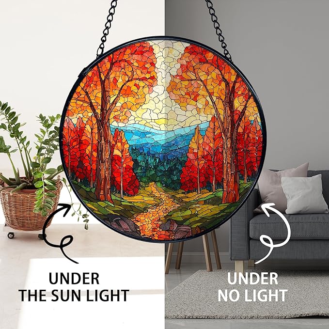 TNUW Fall Forest Stained Glass Window Hanging, Rustic Autumn Landscape Sun Catchers Indoor Window Glass Round Wall Art Decor, Fall Autumn Wall Hanging Decorations, 7.9＂x7.9＂