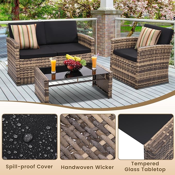4 Pieces Patio Conversation Set, Outside Rattan Sectional Sofa, Cushioned Furniture Set, Wicker Sofa Ideal for Garden, Porch, Backyard, Natural Color Rattan and Black Cushion