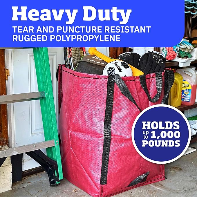 DURASACK Heavy Duty Home and Yard Bags 48-Gallon Reusable Self-Standing Lawn and Leaf Bags Garbage Can with Reinforced Handles, Red, 3 Pack