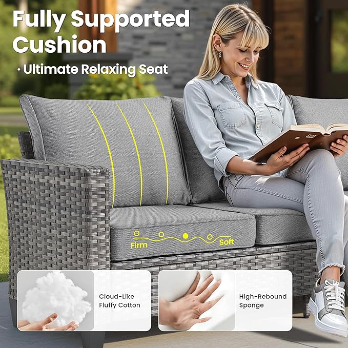 ovios Patio Furniture Set, 7 Pieces Outdoor Wicker Sofa Couch with 4 Chairs, Ottomans and Comfy Cushions, All Weather High Back Rattan Conversation Set, Dark Grey