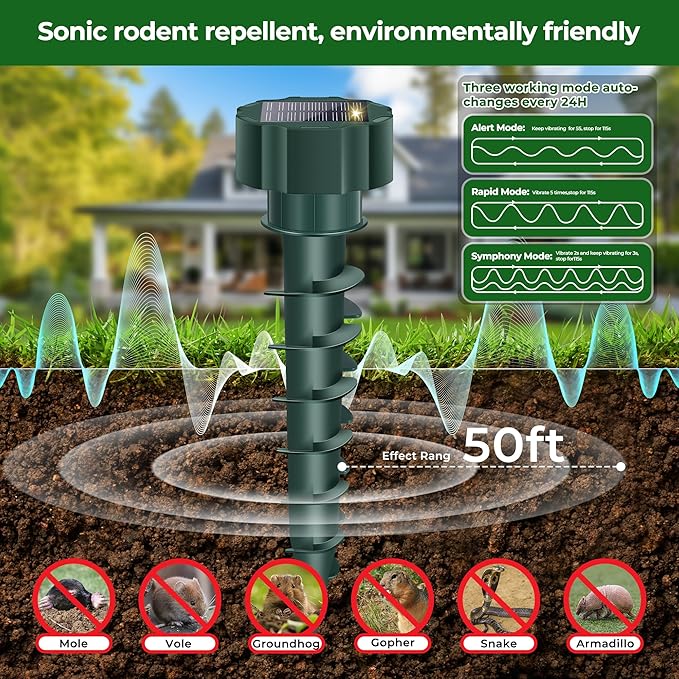 Mole Repellent Solar Powered – Ultrasonic Animal Deterrent Stakes for Gopher, Snake, Vole, Groundhog – Waterproof Sonic Spikes for Yard, Lawns, Garden & Outdoor (4 Pack)