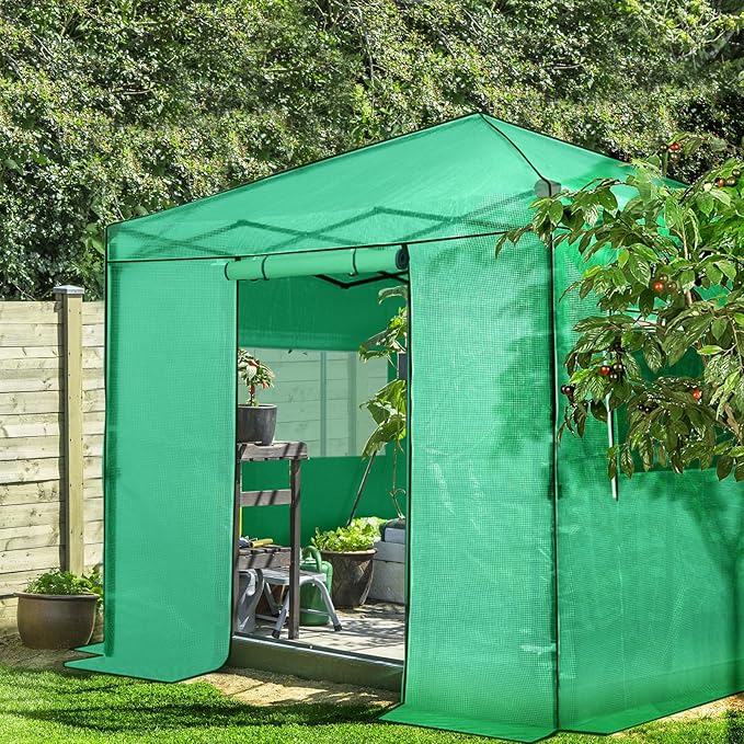 EAGLE PEAK Replacement Cover for 8x8 Portable Walk-in Pop up Greenhouse, Front and Rear Roll-Up Zipper Entry Doors and 2 Large Roll-Up Side Windows (Frame Not Included), Green
