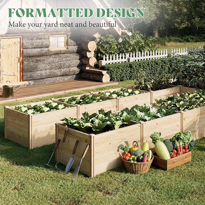PaPaJet Raised Garden Bed for Outdoor, Eleven GridsDeep Large Planter Box for Gardening, Vegetables, Flowers, Herbs（7.5× 14.8× 1.6FT）