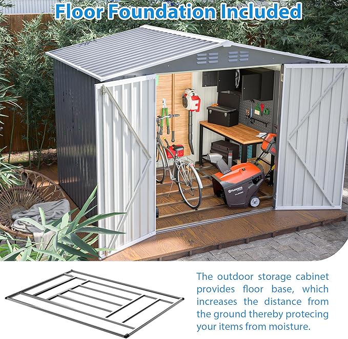 8x6 FT Outdoor Tool Storage Shed with Metal Foundation & Lockable Doors, All Weather Metal Sheds for Garden, Patio, Backyard, Lawn, Gray