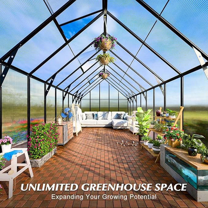 10'x10'x36' Snap-Together Greenhouse - Easy 3-Way Connectors, Heavy-Duty Aluminum Frame, Wind/Snow Resistant for Gardening/Urban Farming, Includes Sliding Door & Ventilation Windows