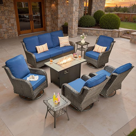 ovios 8 Pieces Patio Furniture Set, Outdoor Wicker Sofa Couch with Swivel Chairs 42" Fire Pit Table, All Weather High Back Modern Conversation Sets, Brown Rattan, Navy Blue
