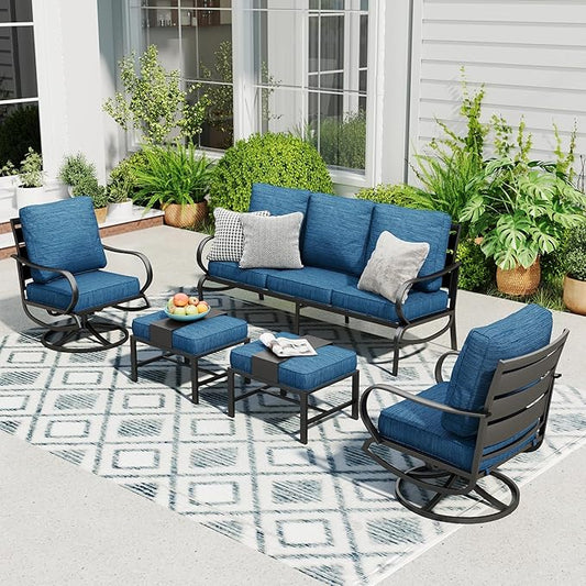 Sophia & William Patio Furniture Sets for 5 Outdoor Metal Conversation Sets 5 Pcs with 2 x Cushioned Swivel Sofa Chairs, 2 x Ottomans as Coffee Table, 1 x 3-Seat Sofa, Backyard Poolside Peacock Blue