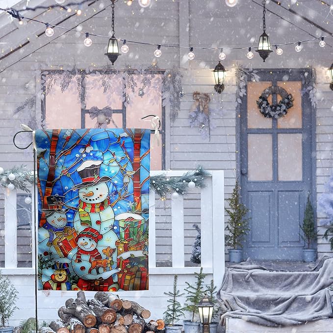 Stained Glass Snowman Garden Flag Merry Christmas Flag Hello Winter Yard Flag Happy Holidays Flag for Outside Welcome New Year Outdoor Flag 12x18 Double Sided, wintersnowman