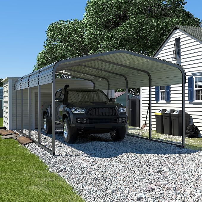 12x20 FT Outdoor Carport with Metal Roof, Heavy Duty Metal Carport Canopy, Garage Car Shelter Shade for Car, Truck, Boat, Gray