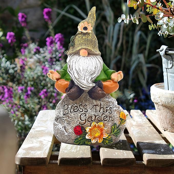 Galt International Bless This Garden Stone Meditating Garden Gnome Statue 8" - Hand Painted Décor for Outdoor Patio Lawn Ornaments Birthday Housewarming Gift