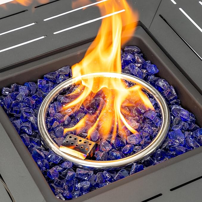 30'' Propane Fire Pit Table, 50,000 BTU Fire Table with Steel Lid, Big Legs, Blue Glass Stones.