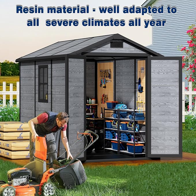 8.7x5.5 FT Resin Outdoor Storage Shed with Floor, Weather-Resistant Plastic Garden Shed with Windows, Lockable Door and Vents, Outside Tool Storage Sheds for Backyard, Garden, Patio, Lawn, Wood Grain
