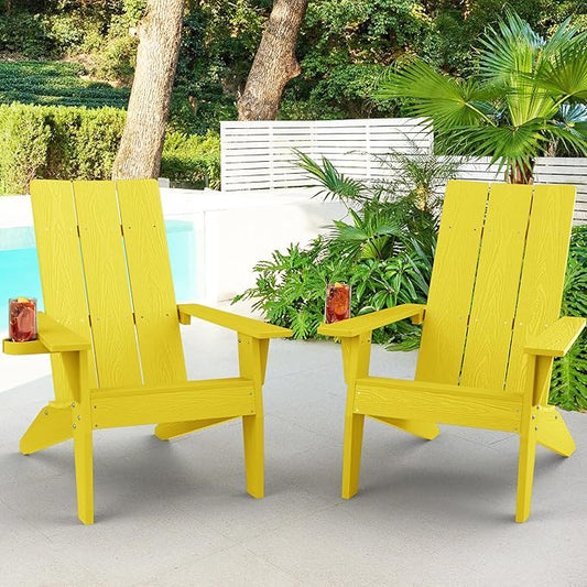 MXIMU Adirondack Chair Set of 2: Modern Adirondack Chairs Fire Pit Chairs Plastic Outdoor Chairs for Lawn Backyard Deck Garden Camping (Yellow)