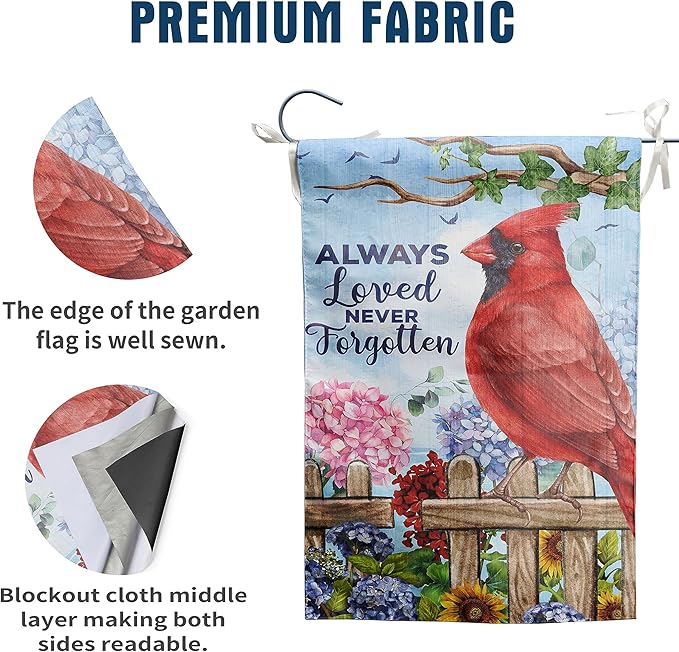 Red Bird Garden Flag Memorial Flags for Cemetery Flags Grave Decorations Remberance Day Flag 12x18 Double Sided Gravesite Saying Always Loved Never Forgotten