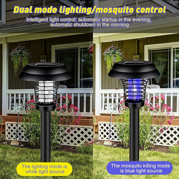 Qualirey 4 Pcs Solar Bug Zapper Waterproof Outdoor Mosquito Zapper Killer and Lighting Repellent Lamp for Indoor Outdoor Use Garden Patio, Purple and White Light(Plastic,Black)