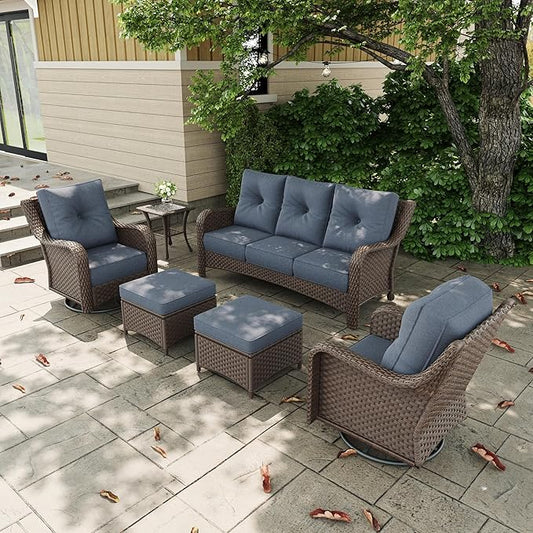 6 Pieces Outdoor Patio Furniture Sets with Rocking Swivel Chairs with 6-inch Thick Cushion and Side Table for Deck Lawn