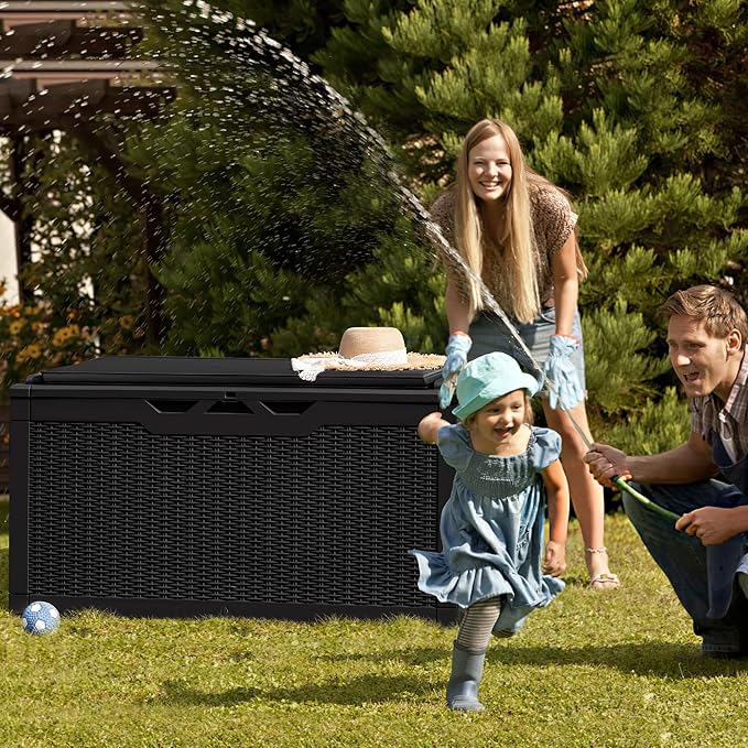 Greesum 100 Gallon Resin Deck Box Large Outdoor Storage Boxes with Cushions for Garden Tools, Patio Furniture Pillows, Pool Supplies, Black
