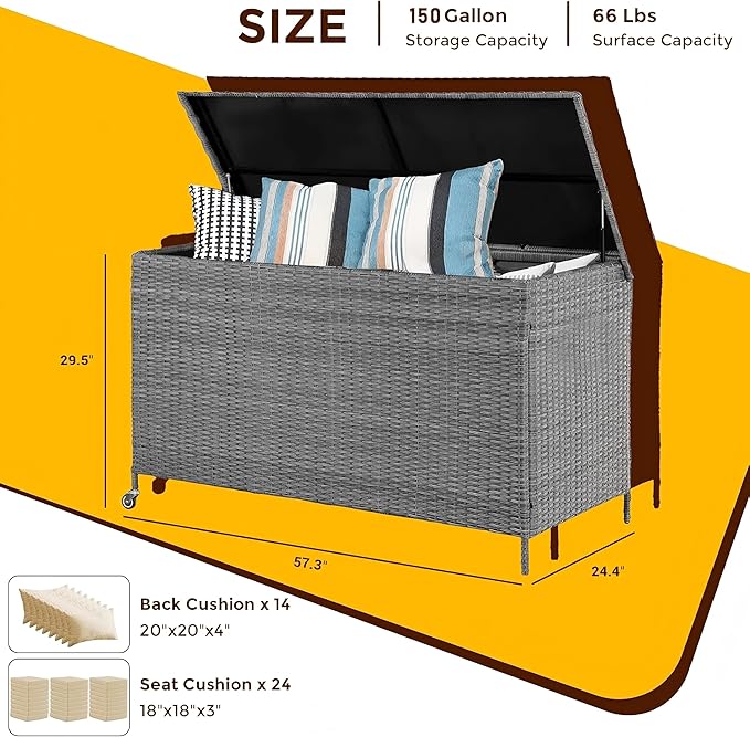 150 Gallon Waterproof Large Deck Box, Indoor Outdoor Storage Box with Handle and 2 Wheels, Package Delivery Boxes, Storage Containers for Patio Furniture Cushions Pool Accessories Garden Tools