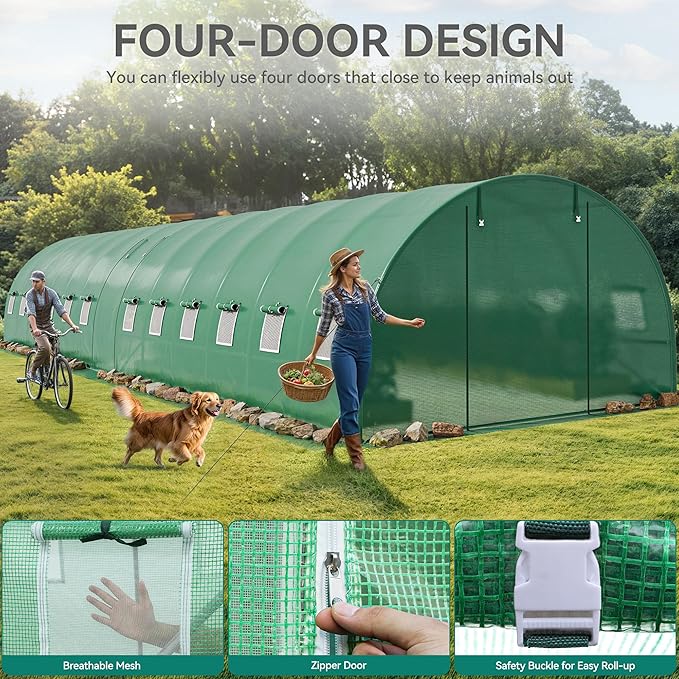 YITAHOME 44x10x7ft Greenhouse Extra Large Heavy Duty 4 Zipper Doors Outdoor Greenhouses 24 Windows Walk in Tunnel Green House Plant Gardening Upgraded Galvanized Steel Frame for Garden, Green