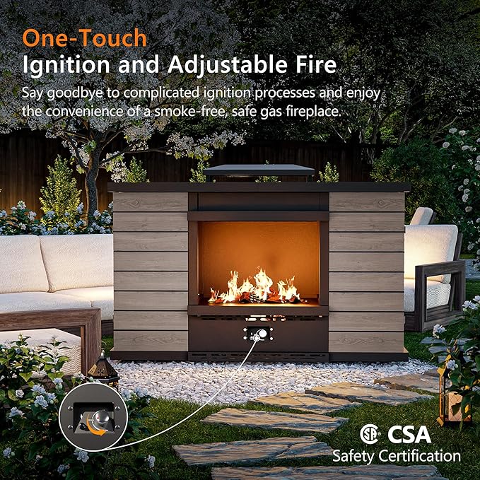 Outdoor Propane Fireplace, 50,000 BTU Gas Fire Pit with Ceramic Logs, Rain Cover, 63 Inch Steel Metal Smokeless Fireplace for Patio, Deck, CSA Certified (63 x 41 Inch)