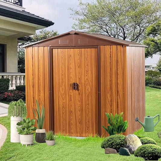 6x6 FT Outdoor Storage Shed, Metal Garden Shed with Frame Floor, Outside Tool Shed with Lockable Sliding Doors, Waterproof Storage Building with Sloped Roof for Backyard, Patio, Lawn, Coffee