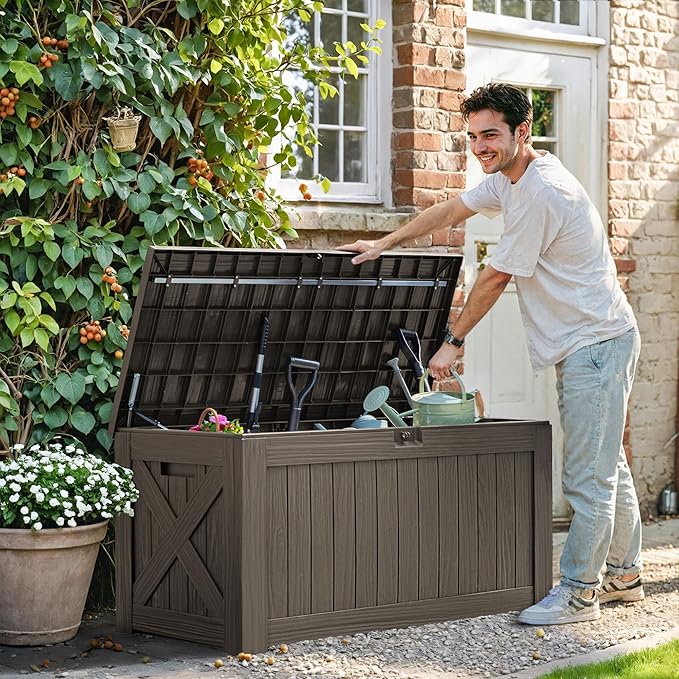 Greesum 120 Gallon Deck Box, Resin Outdoor Storage Container for Patio Furniture, Garden Tools, Pool Accessories, Weatherproof, Lockable, Coffee