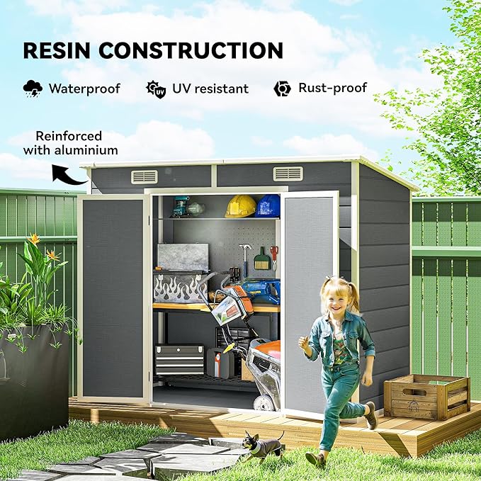 Outsunny 8' x 4' Outdoor Storage Shed, Resin Plastic Shed with Floor, Window, Lockable Doors and Vents, All-Weather Tool Shed for Backyard, Patio, Lawn, Gray