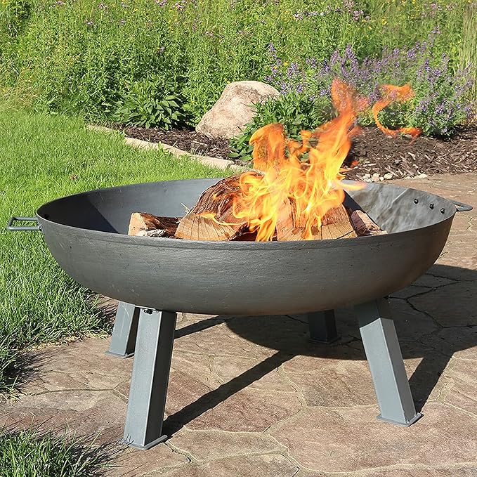 Sunnydaze 34-Inch Cast Iron Heavy-Duty Fire Pit for Outside - Wood-Burning Outdoor Fire Pit Bowl with Handles - Steel Finish