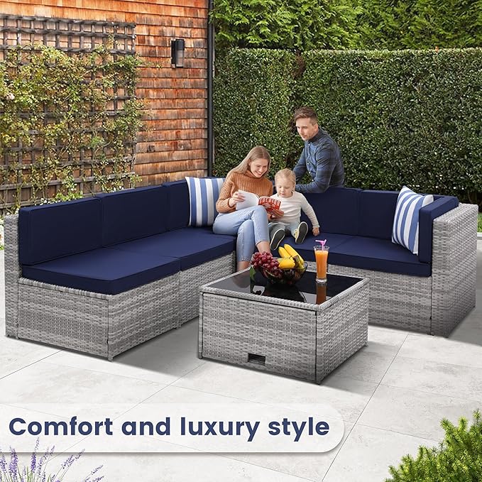 8 Pieces Outdoor Wicker Rattan Patio Furniture Sectional Set, Glass Top Table with Hidden Storage, 7 Sofa Sections, Oversized Cushions, Grey Color Rattan with Blue Cushion