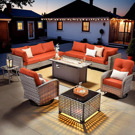 HOOOWOOO Outdoor Patio Furniture Set with Fire Pit Table,11 Pieces Wicker Out Door Sectional Furniture L Shaped Couch,Outside Patio Conversation Sets Swivel Chair,Brick Red