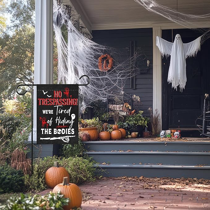 No Trespassing Halloween Garden Flag for Outside, 12x18 Inch Double Sided Halloween Scary Skeleton Bats Yard Flag, Farmhouse Small Yard Flags for Outdoor Decorations, Holiday Decor Gifts-A12