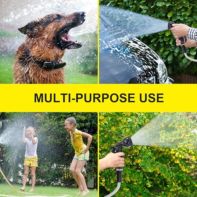 FOXEASE Metal water Hose 25 ft - Stainless Steel Water Hose with 2 Nozzles, Lightweight, Tangle Free & Kink Free, Heavy Duty, High Pressure, Flexible, Dog Proof