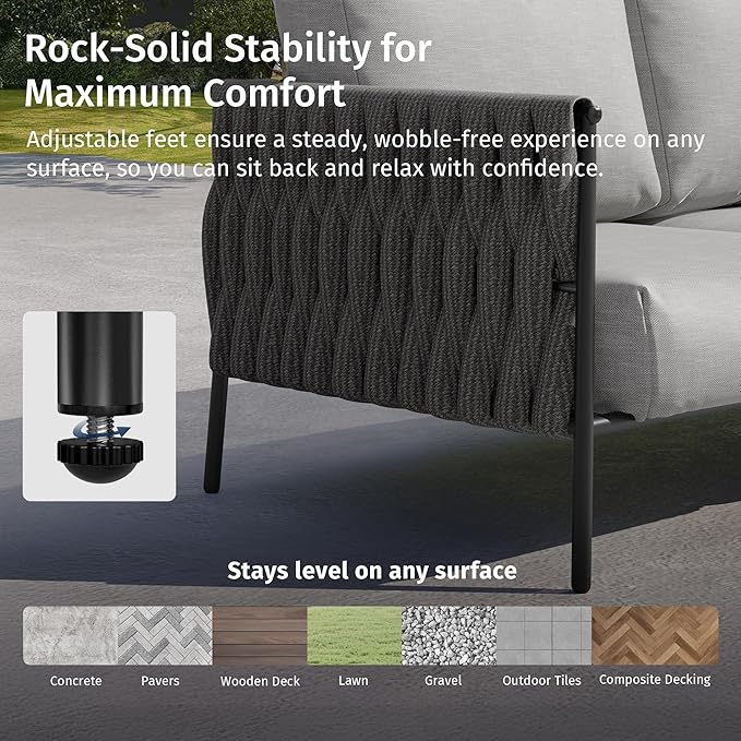 EAST OAK Corner Patio Furniture Set | Life Chatter 5-Seat Outdoor Furniture | Deep Seating Corner Sofa with Round Coffee Table | Extra-Thick & Washable Cushions | Misty Grey