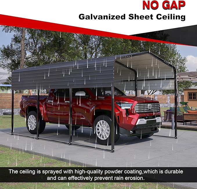 Metal Carport Kit 10x15 FT Heavy Duty Galvanized Garage Shed for Car Truck Boat Outdoor All Weather Sunshade Car Shelter with Enhanced Base Sloped Top (Black)