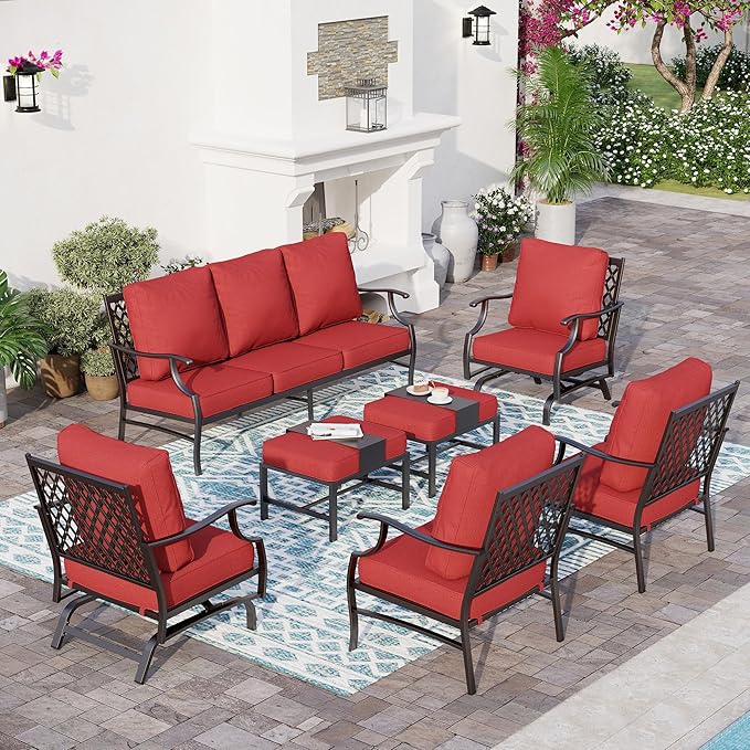 7 Piece Metal Outdoor Patio Furniture Sets, Patio Conversation Sets 1 3-Seater Sofa, 2 Fixed Chair, 2 Rocking Chair, 2 Ottomans with 5.75" Thick Cushion, Black Backyard Furniture, Red