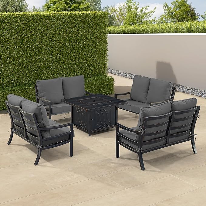 Oakland Living Black Aluminum Patio Fire Table Set with Four Deep Seating Loveseat with Cushions with Black Cushions