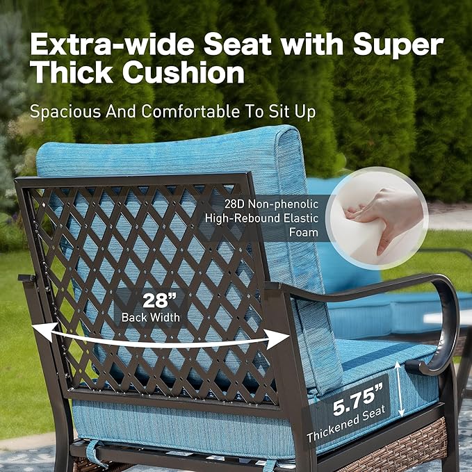 4 Piece Black Metal Outdoor Patio Furniture Sets with Firepit Table, Patio Conversation Sets 1 3-Seater Sofa, 2 Swivel Sofa with 5.75" Thick Cushion Backyard Furniture for Deck, Blue-2