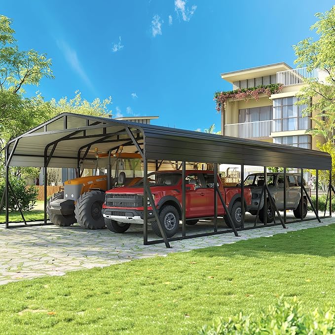 Carport Canopy 20’X40’ Heavy Duty Car Port Galvanized Steel Roof, Reinforced Stable Triangle Frame for Snowy Windy Metal Carports Enhanced Base Car Tent for Car,RV,Pickup,Boat,Truck,Tractor