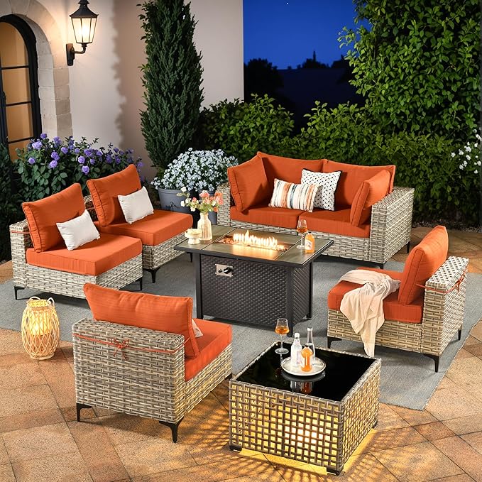 Outdoor Sectional Patio Furniture Set with Fire Pit Table and Glowing Table,8 Pieces Wicker Conversation Sets L Shaped Couch Out Door Sofa Set Outside Furniture for Garden Deck Yard,Orange Red