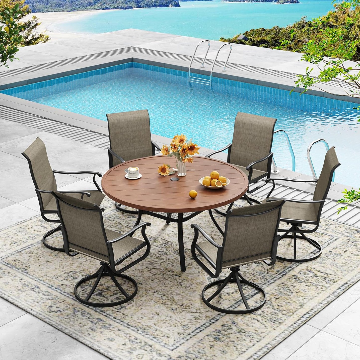 DIFY 48" Round Patio Dining Table for 6, All Weather Round Outdoor Metal Dining Table with 1.57" Umbrella Hole, Perfect for Backyard Lawn Garden, Walnut