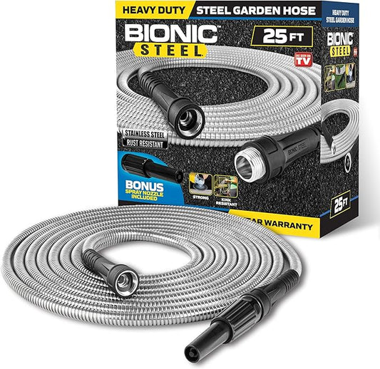 Bionic Steel 25 Ft Metal Garden Hose with Nozzle, 25Ft x 5/8 In. Premium 304 Stainless Steel Metal Water Hose, Flexible Non Kinking, Lightweight, Heavy Duty, for Yard, Outdoor