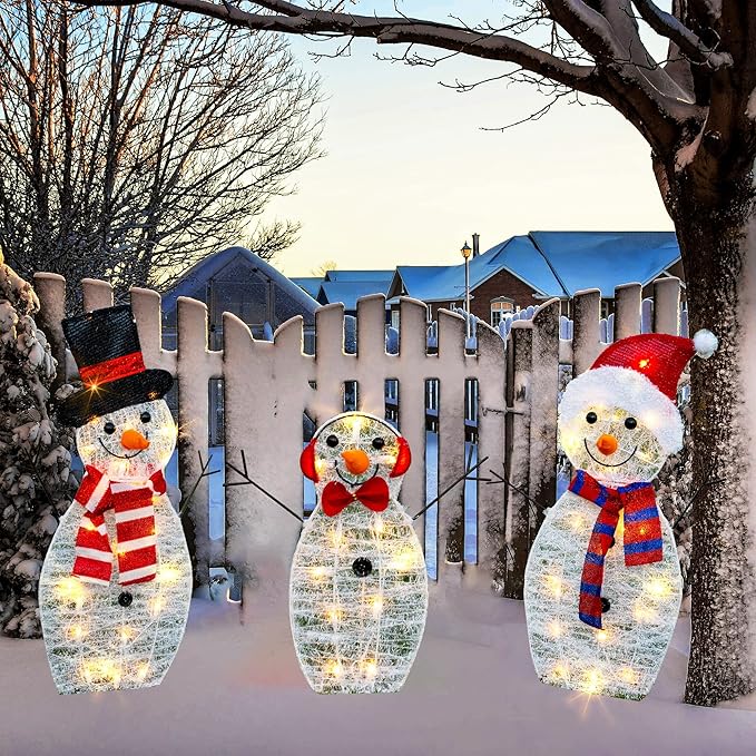 HOURLEEY Christmas Decoration 55 L Lighted Snowman Family Outdoor, 3-Piece Waterproof Plug in 2D Snowman for Yard Patio Lawn Garden Party Decor 20.5X9X29.5Inch-Large (Warm White)