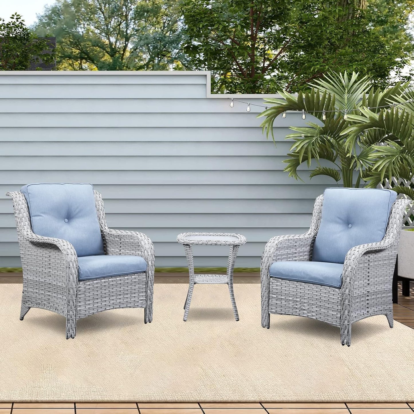 Patio Tables Wicker Side Table - Rattan Coffee Table with Glass Top End Tables for Outdoor Outside Patio Porch Square Light Grey